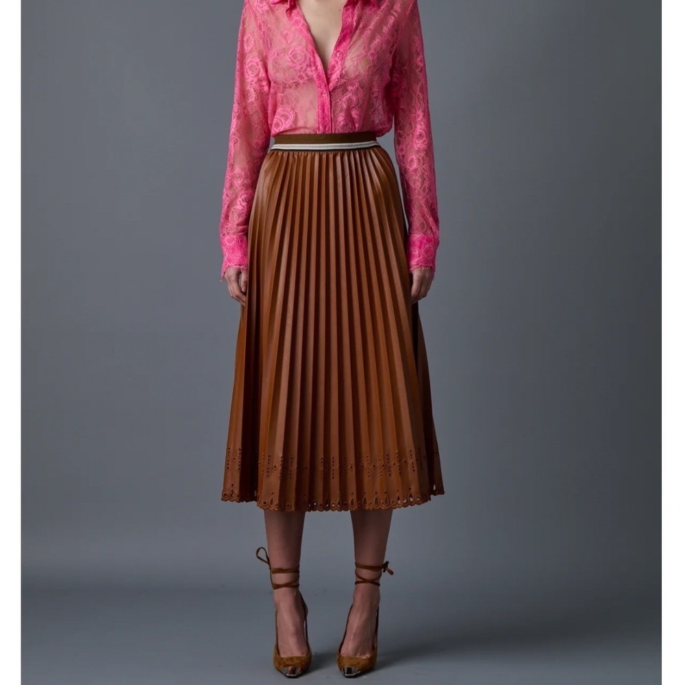 Le Superbe Cognac Brown Faux Leather Pleated Eyelet Midi Skirt Medium
